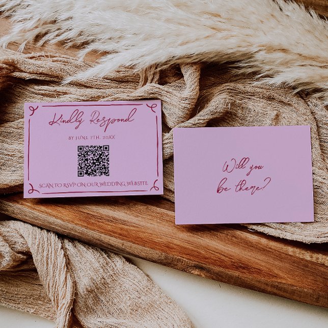 Colorful Raspberry Pink QR Code Fun Wedding RSVP Card (Creator Uploaded)