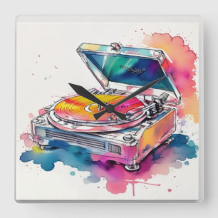 Colorful Record Player Square Wall Clock