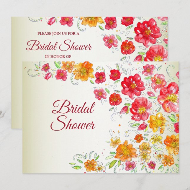 Colorful Red Yellow Pink Floral Bridal Shower Invitation (Front/Back)