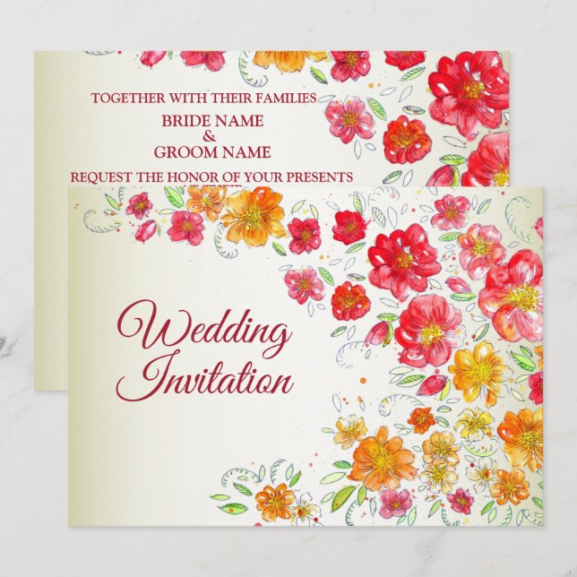 Colorful Red Yellow Pink Garden Floral Wedding Invitation (Front/Back)