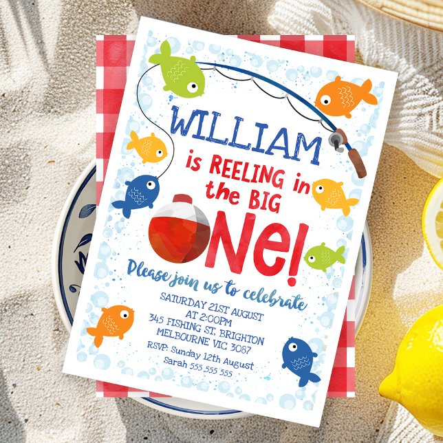Colorful Reeling In The Big one Birthday Invitation (Multicolored Reeling in the Big One 1st Birthday Invitation, Fishing Themed First Birthday Invite)