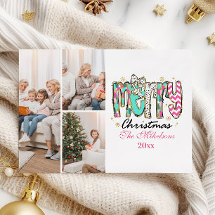 Colorful Retro 3 Photo  Merry Christmas Holiday Card