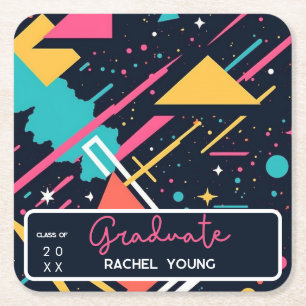Colorful Retro 80's Graduation Party Square Paper Coaster