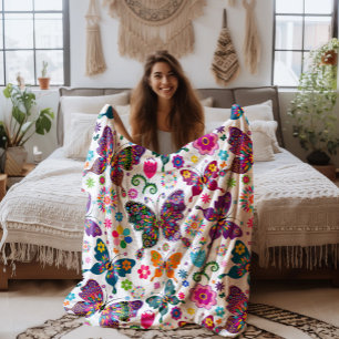 Colorful Retro Butterflies And Flowers Pattern Fleece Blanket