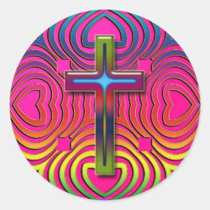 COLORFUL RETRO CROSS CLASSIC ROUND STICKER