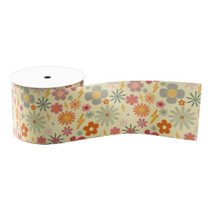 Colorful Retro Daisy Flowers design pattern Ribbon Grosgrain Ribbon