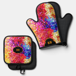 Colorful Retro Disco Mirror Squares Pattern Oven Mitt & Pot Holder Set
