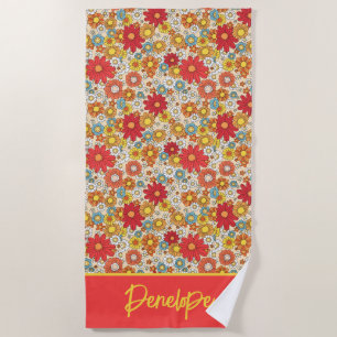 Colorful Retro Flowers - Personalized Beach Towel