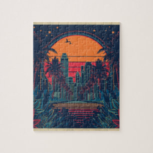 Colorful Retro Futuristic Doodle Style Skyline Jigsaw Puzzle