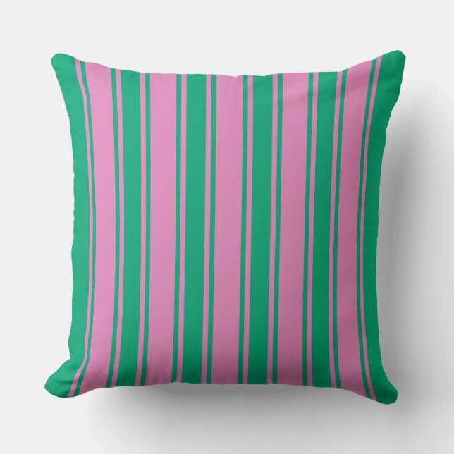Colorful Retro Green Pink Wide Stripe Cushion (Front)