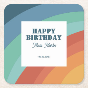 Colorful Retro Groovy Rainbow Happy Birthday Square Paper Coaster