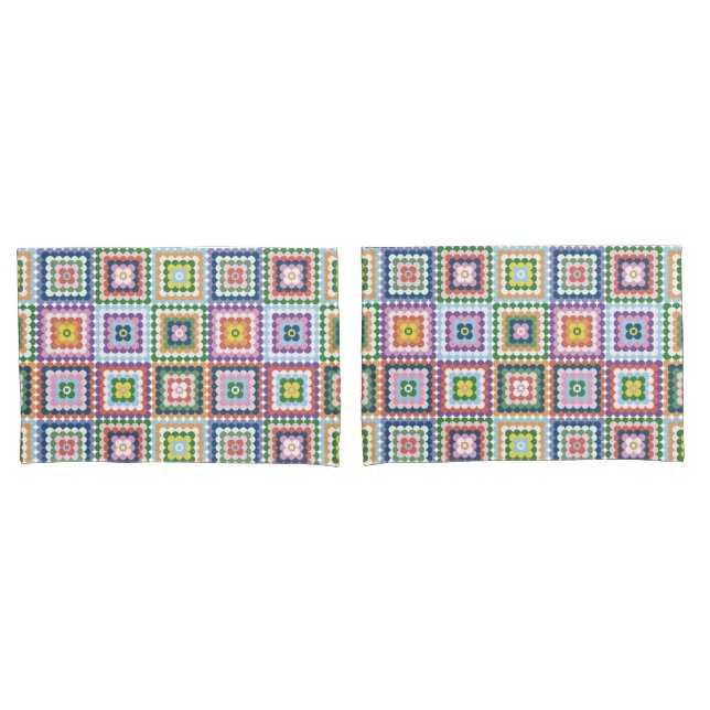 Colorful Retro Mid-Century Mid-Mod Crochet Blossom Pillowcase (Front-Set)