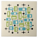 Colorful Retro Mid Century Modern Atomic Abstract Ceramic Tile<br><div class="desc">A seamless mid-century modern pattern composed of rounded rectangles in olive green and turquoise, each containing off-white insets, floats across a cream background. These geometric forms are interwoven with a network of thin black lines, circular nodes, and four-pointed starbursts, creating a rhythmic grid of atomic-era connectivity. The composition balances organic...</div>