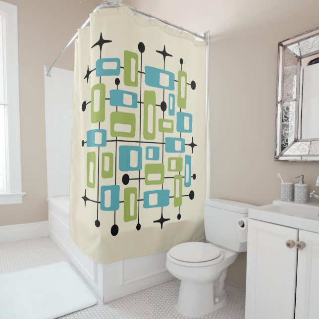 Colorful Retro Mid Century Modern Atomic Abstract Shower Curtain (In Situ)