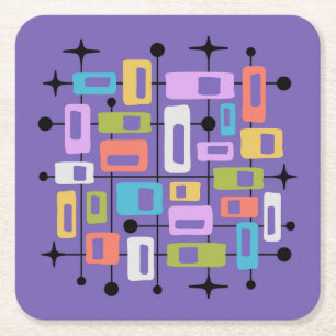 Colorful Retro Mid Century Modern Atomic Abstract Square Paper Coaster