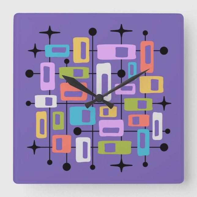 Colorful Retro Mid Century Modern Atomic Abstract Square Wall Clock (Front)