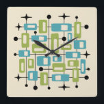Colorful Retro Mid Century Modern Atomic Abstract Square Wall Clock<br><div class="desc">A seamless mid-century modern pattern composed of rounded rectangles in olive green and turquoise, each containing off-white insets, floats across a cream background. These geometric forms are interwoven with a network of thin black lines, circular nodes, and four-pointed starbursts, creating a rhythmic grid of atomic-era connectivity. The composition balances organic...</div>