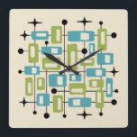 Colorful Retro Mid Century Modern Atomic Abstract Square Wall Clock<br><div class="desc">A seamless mid-century modern pattern composed of rounded rectangles in olive green and turquoise, each containing off-white insets, floats across a cream background. These geometric forms are interwoven with a network of thin black lines, circular nodes, and four-pointed starbursts, creating a rhythmic grid of atomic-era connectivity. The composition balances organic...</div>