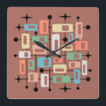 Colorful Retro Mid Century Modern Atomic Abstract Square Wall Clock<br><div class="desc">This artwork channels the mid-century modern spirit, weaving together rectangular blocks of muted peach, green, blue, beige, and white against a warm reddish-brown ground. Black lines and dots intersect the grid, evoking atomic-era networks, while scattered starburst shapes punctuate the composition with playful energy. The balance of geometry and whimsy captures...</div>