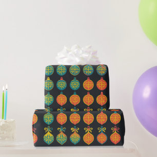 Colorful Retro Ornaments Black Christmas Wrapping Paper