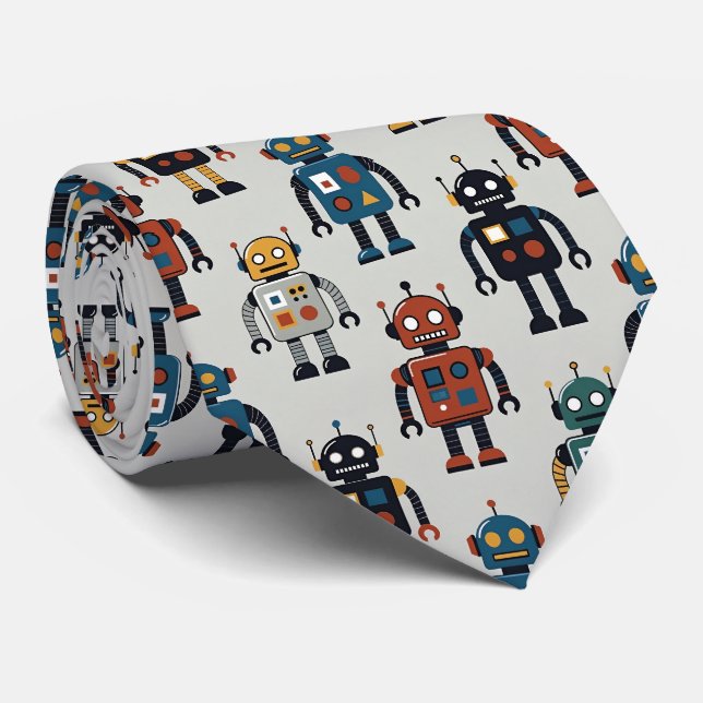 Colorful Retro Robot Pattern Tie (Rolled)