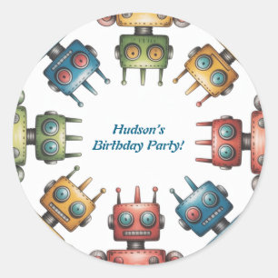 Colorful Retro Robots Boy Birthday Party Classic Round Sticker