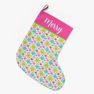 Colorful Retro Snowflakes Christmas Custom Name Large Christmas Stocking