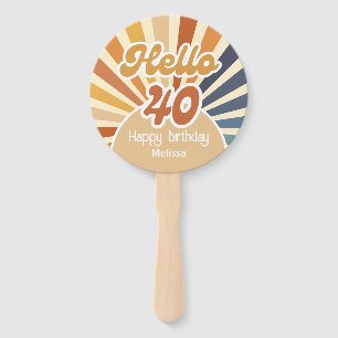 Colorful Retro Sun Groovy Wave Hello 40th Birthday Hand Fan