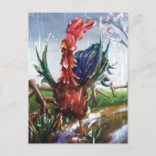 Colorful Rooster in Spring Rain Art Postcard