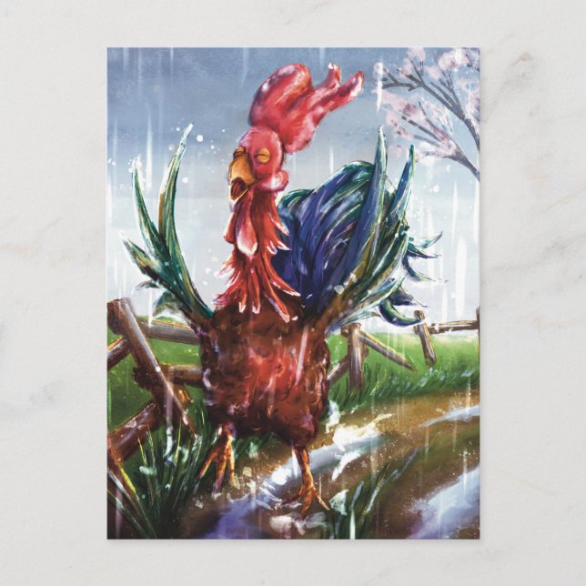 Colorful Rooster in Spring Rain Art Postcard (Front)