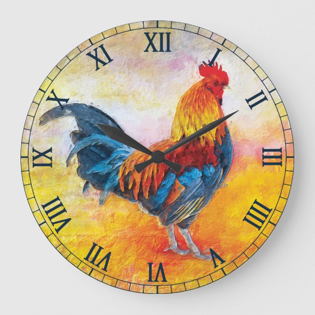Colorful Rooster Roman Numbers Large Clock (Front)