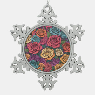 Colorful rose pattern snowflake pewter christmas ornament