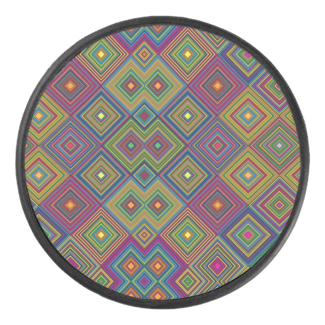 Colorful round item with vibrant geometric diamond hockey puck (Front)