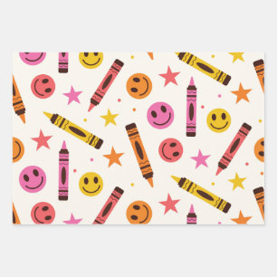 Colorful School Crayons with Happy Faces Pattern Wrapping Paper Sheet