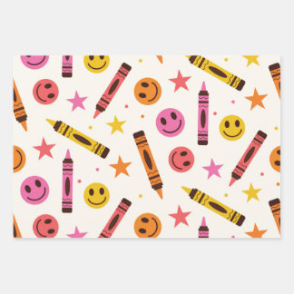 Colorful School Crayons with Happy Faces Pattern Wrapping Paper Sheet