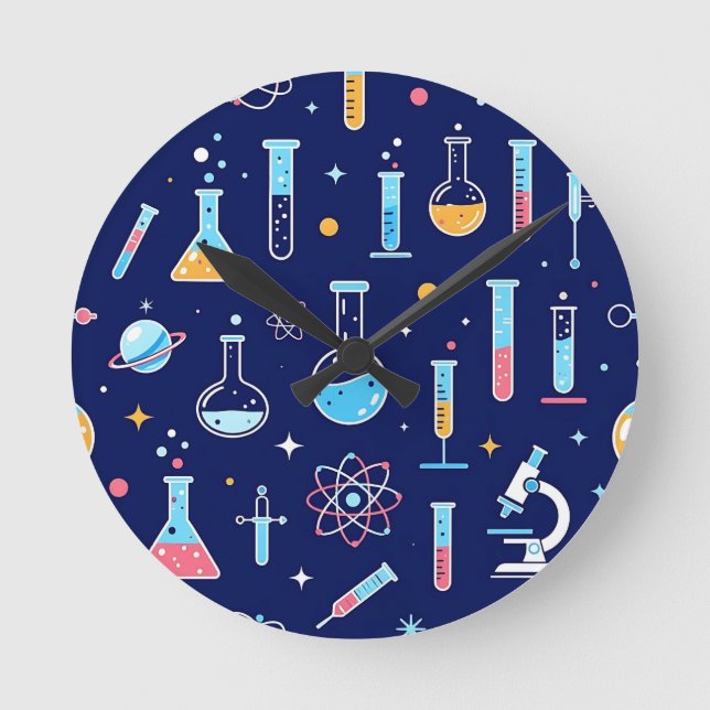 Colorful Science Lab Pattern Modern Chemistry  Round Clock (Front)