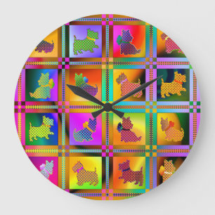 Colorful Scottish Terriers with Plaid Pattern Large Clock