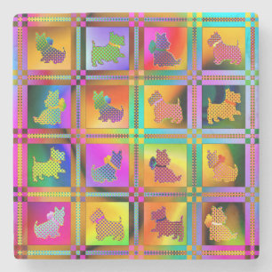Colorful Scottish Terriers with Plaid Pattern Stone Coaster
