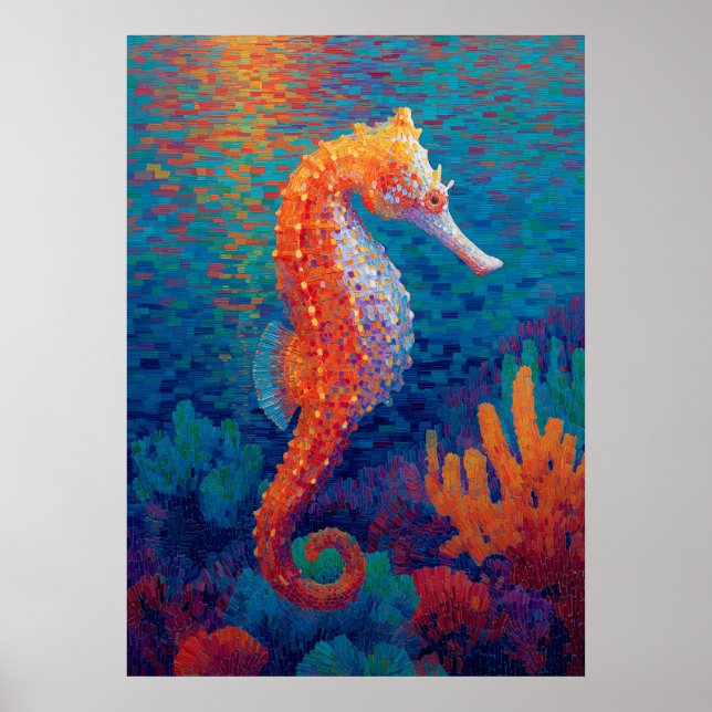 Colorful Seahorse Pointillism Ocean Painting Poster (Front)
