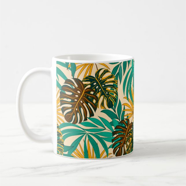 Colorful seamless pattern with tropical plants and coffee mug (Left)