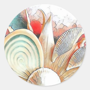 Colorful Seashells on beach watercolor painting Classic Round Sticker