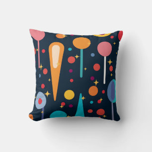 Colorful Shapes and Stars on Black Background Cushion