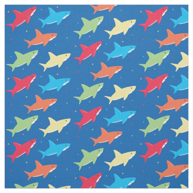 Colorful Shark Pattern Cartoon Characters on Blue Fabric (Swatch)