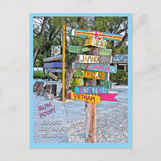 COLORFUL SIGNAGE (COUNTRIES) RUM POINT, GR.CAYMAN POSTCARD (Front)