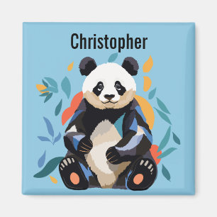 Colorful Sitting Panda Bear Personalized Name Blue Magnet