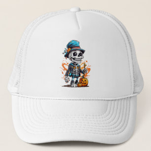 Colorful skeleton with halloween pumpkin trucker hat