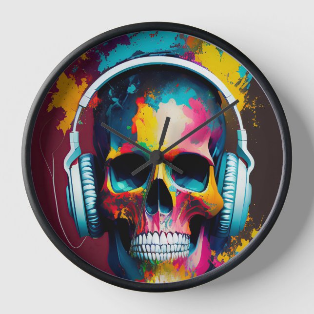 Colorful Skull with Headphones Clock (Front)