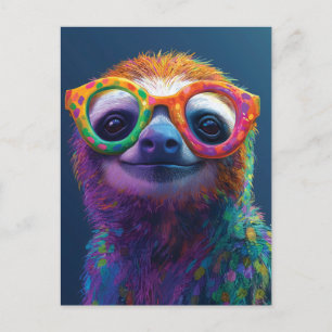 Colorful Sloth Fun Illustration with Glasses Postcard
