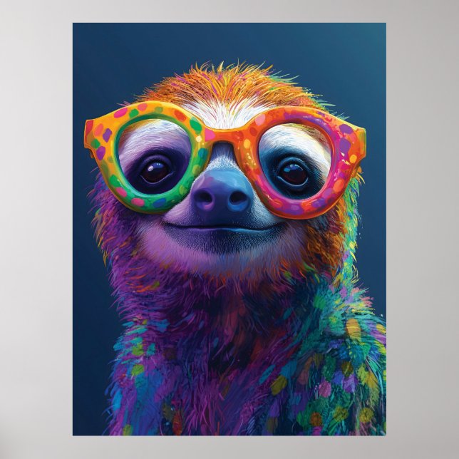 Colorful Sloth Fun Illustration with Glasses Poster (Front)