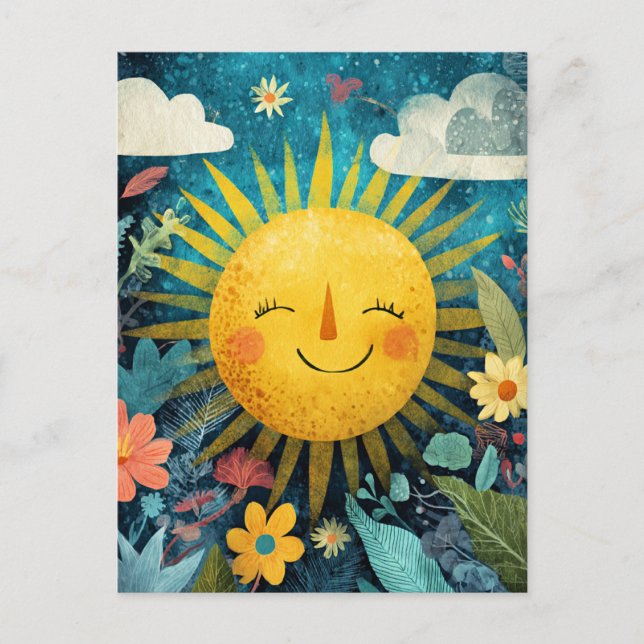 Colorful Smiling Sun Over Pretty Flowers Postcard (Front)